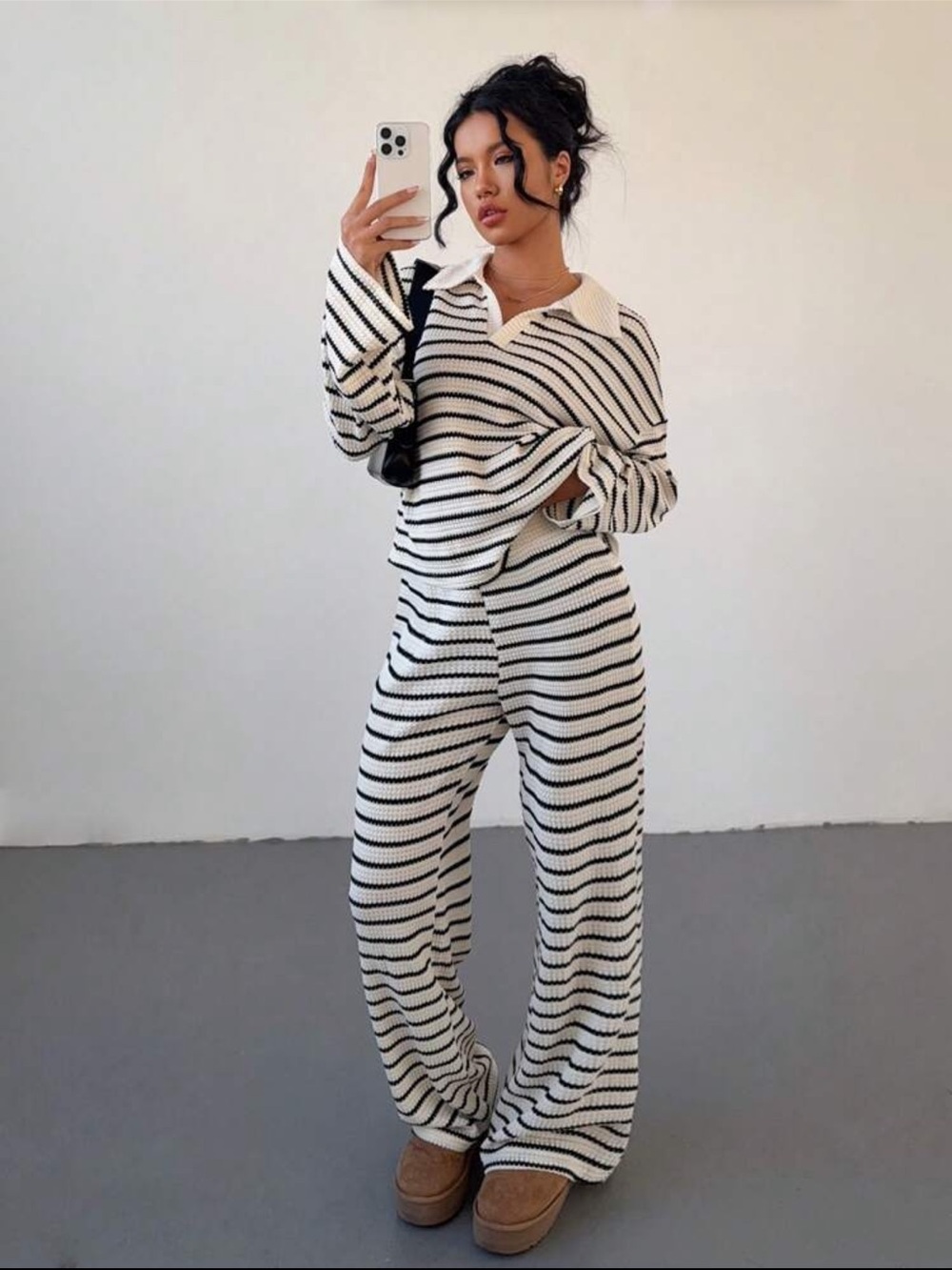 Striped Knit Pant Set - Black & White